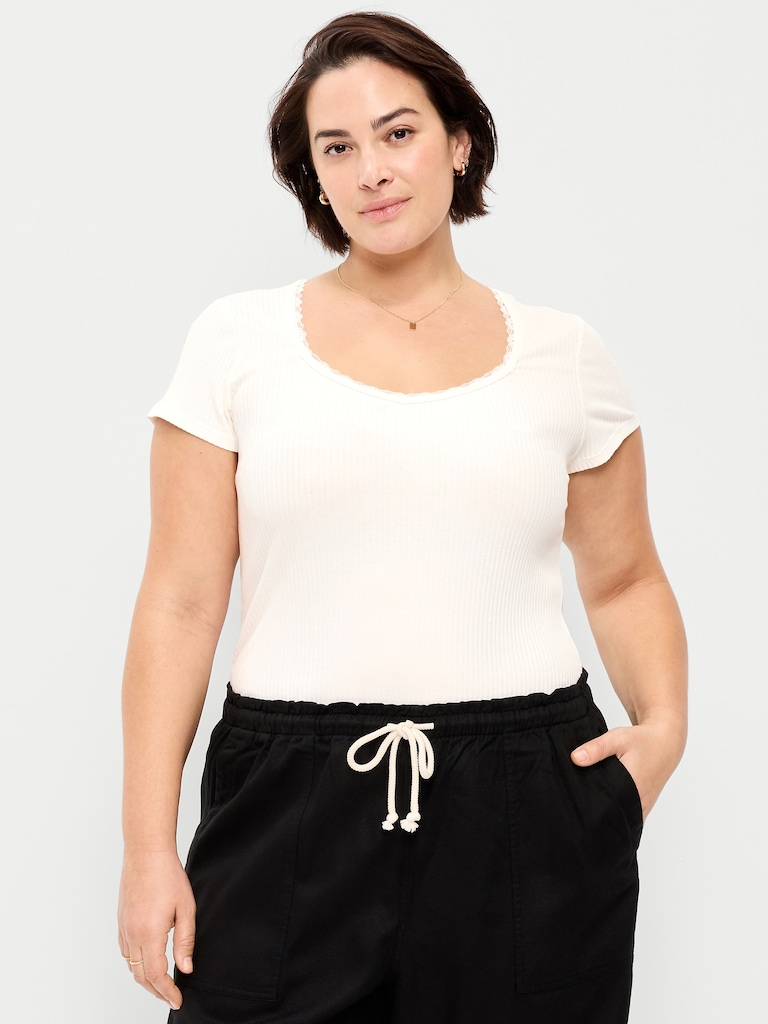 Lace-Trim Sweetheart-Neck Ribbed Top