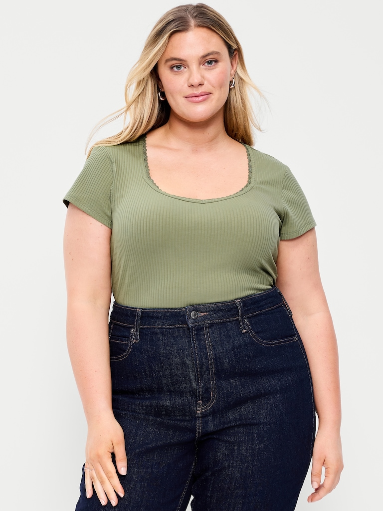 Lace-Trim Sweetheart-Neck Ribbed Top