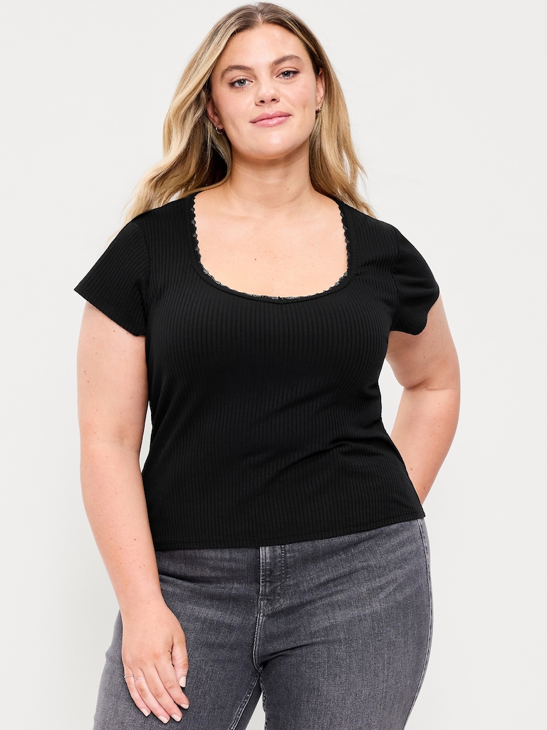Lace-Trim Sweetheart-Neck Ribbed Top
