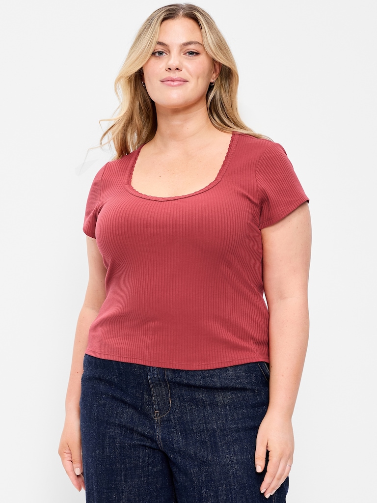 Lace-Trim Sweetheart-Neck Ribbed Top