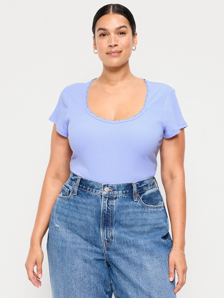 Lace-Trim Sweetheart-Neck Ribbed Top