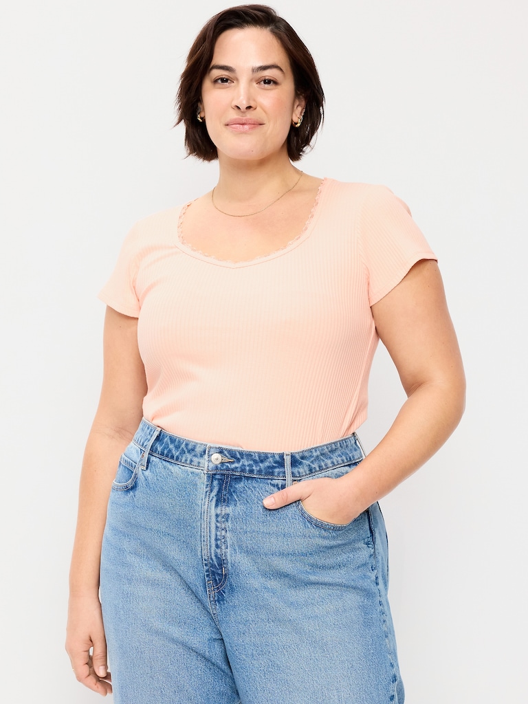 Lace-Trim Sweetheart-Neck Ribbed Top