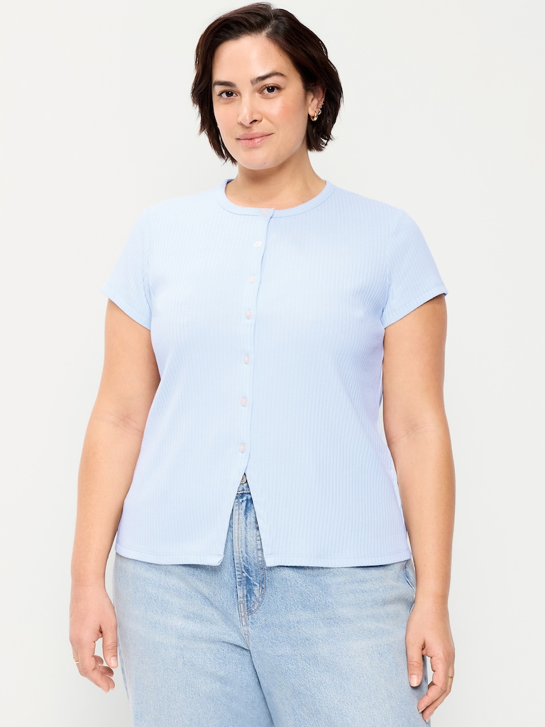 Short-Sleeve Ribbed Button-Down Top