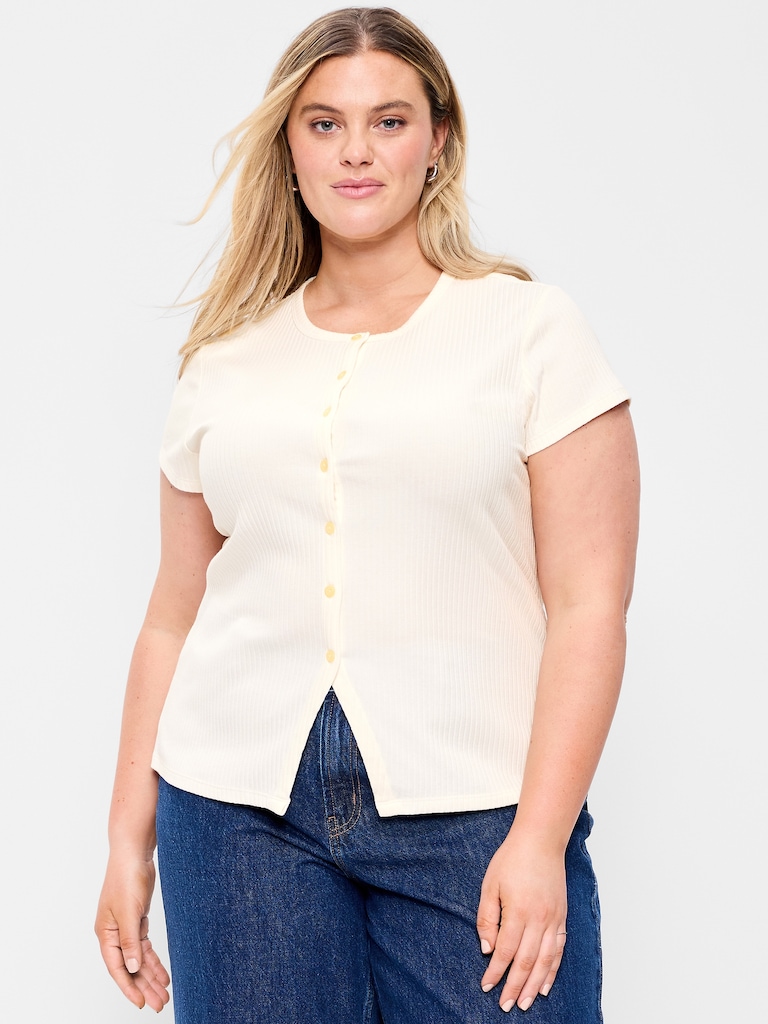 Short-Sleeve Ribbed Button-Down Top