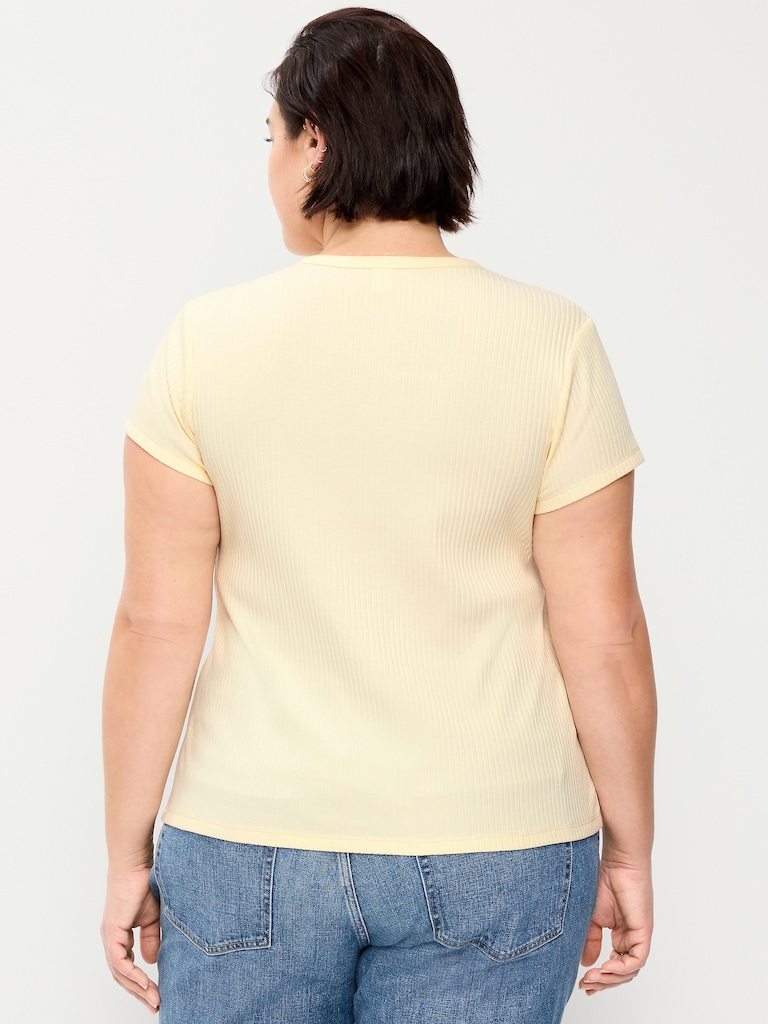 Short-Sleeve Ribbed Button-Down Top