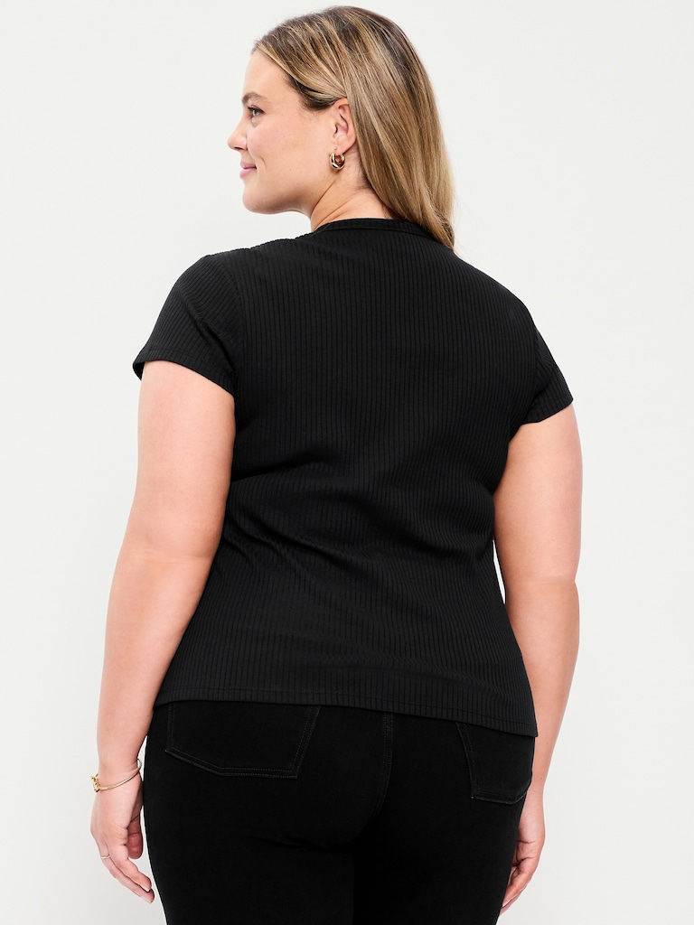 Short-Sleeve Ribbed Button-Down Top