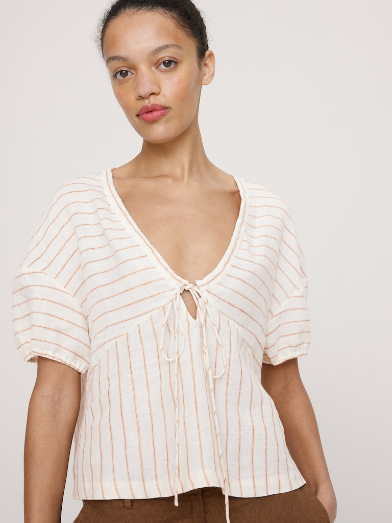 Linen Tie-Front V-Neck Top