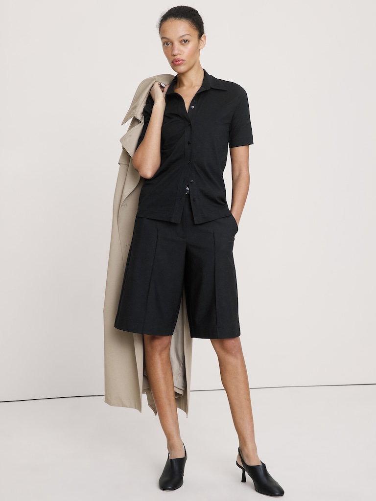 Silky Cotton Short-Sleeve Button-Down Top