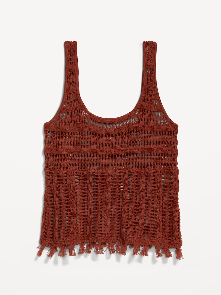 Open-Weave Seaside Cotton Fringe Tank Top