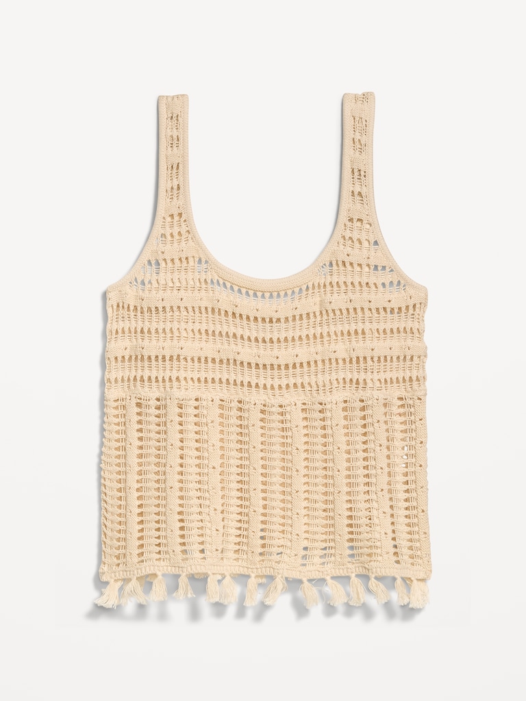 Open-Weave Seaside Cotton Fringe Tank Top