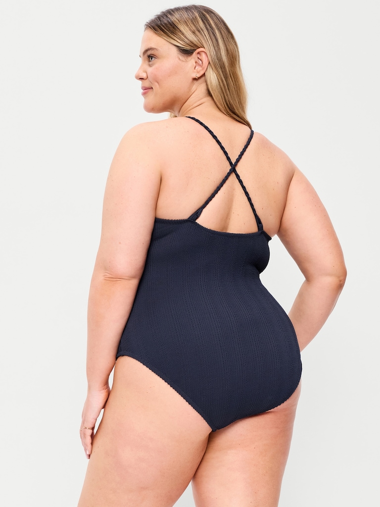Ribbed Braided-Strap One-Piece Swimsuit