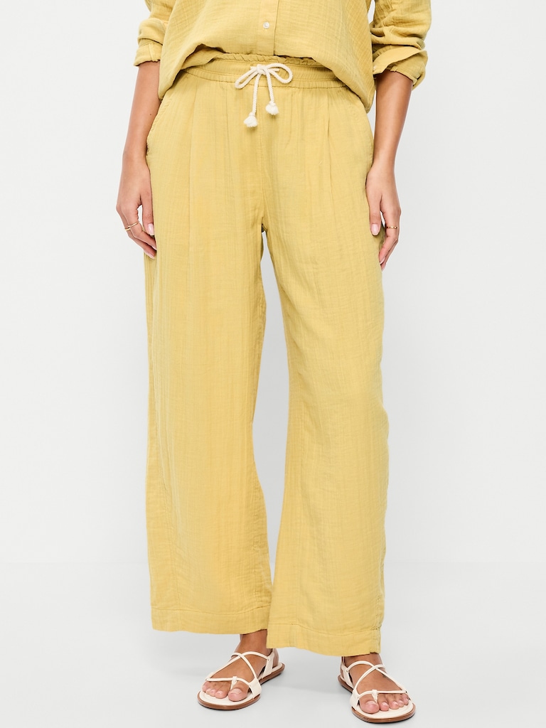 High-Waisted Crinkle Gauze Barrel Ankle Pants