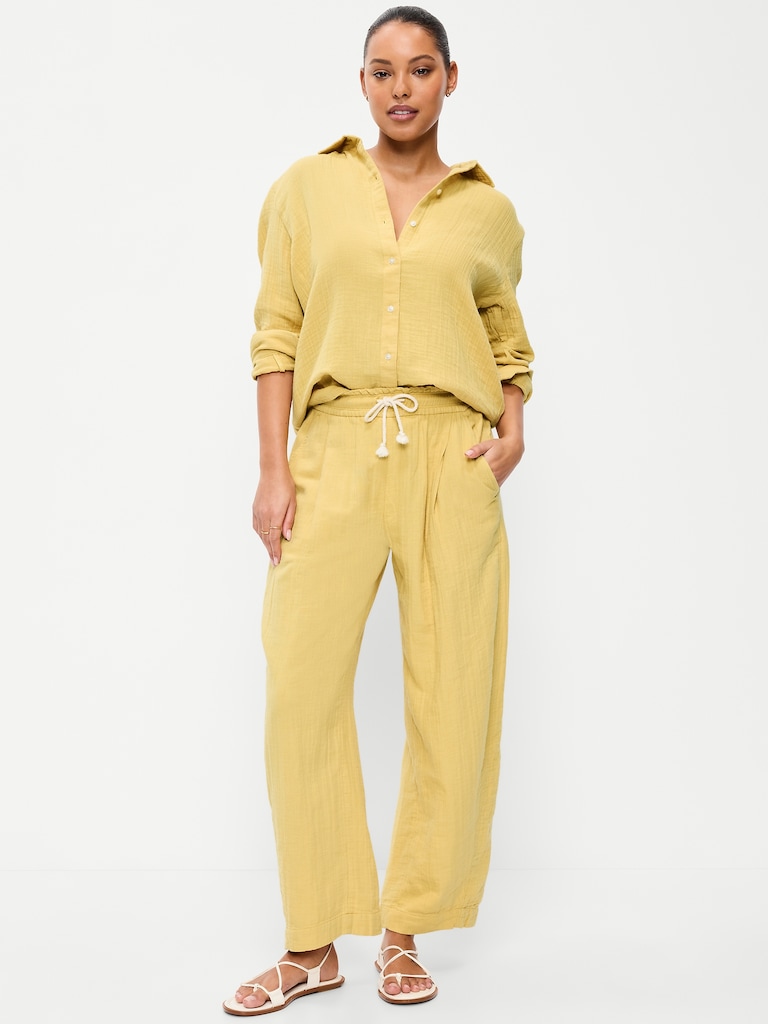 High-Waisted Crinkle Gauze Barrel Ankle Pants