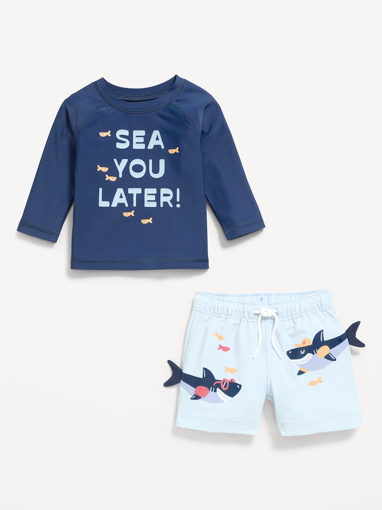 Long-Sleeve Rashguard Swim Top and Trunks Set for Baby