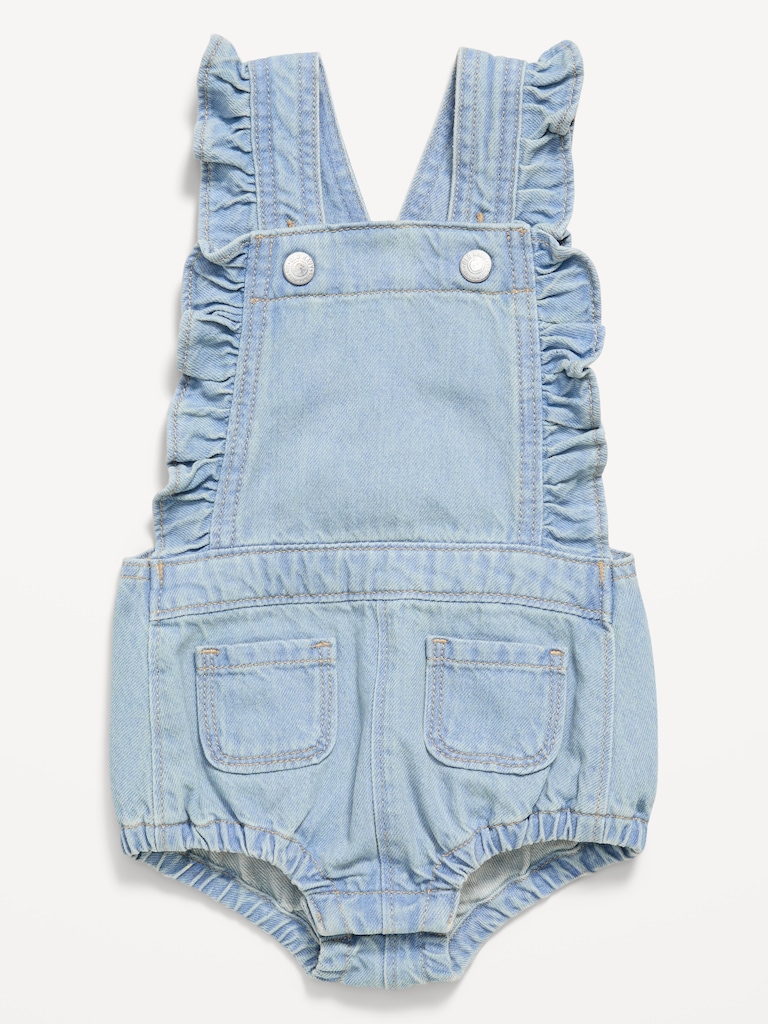 Ruffle-Trim Jean One-Piece Romper for Baby