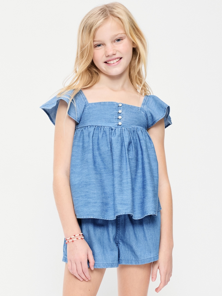 Flutter-Sleeve Chambray Top for Girls
