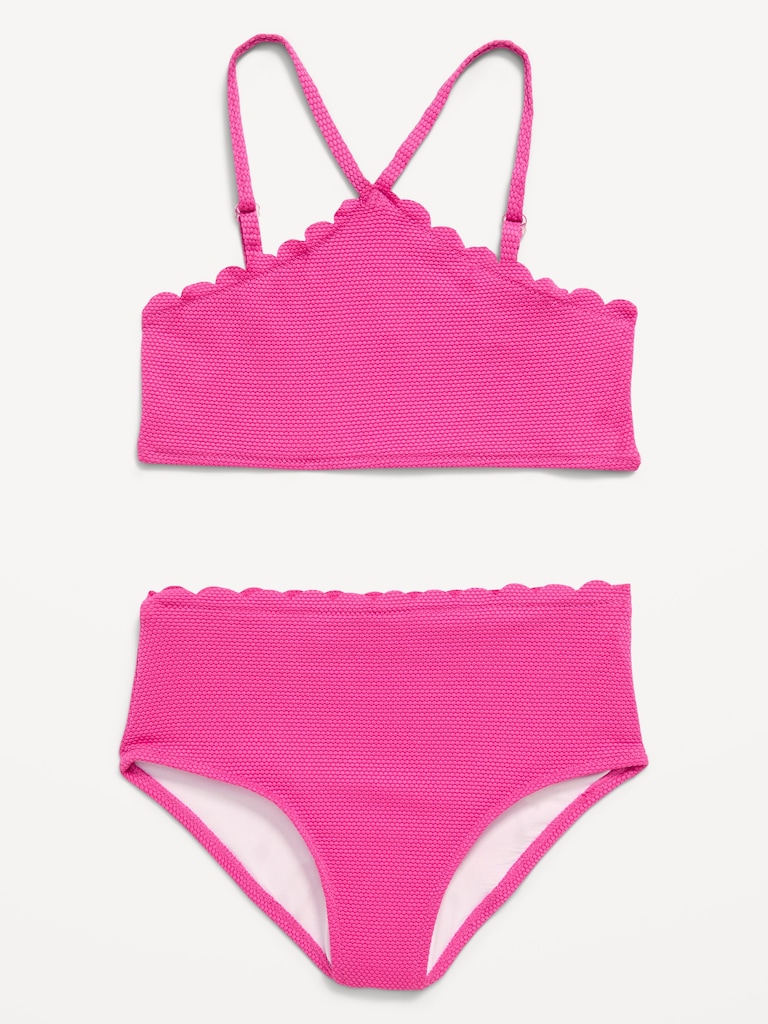 Textured Scallop-Trim Halter Swim Set for Girls