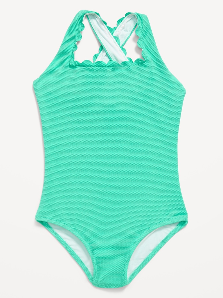 Textured Scallop Cross-Back One-Piece Swimsuit for Girls
