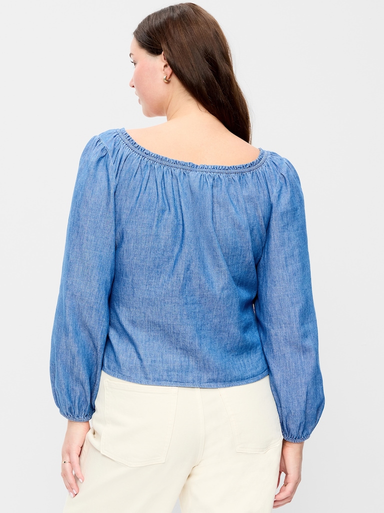 Long-Sleeve Button-Down Jean Top