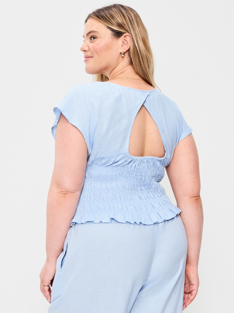 Linen-Blend Short-Sleeve Smocked Top