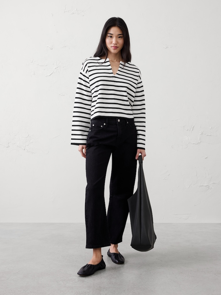 Striped Button Notch-Neck Sweater
