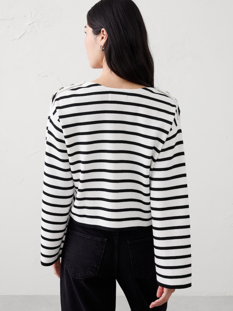 Striped Button Notch-Neck Sweater