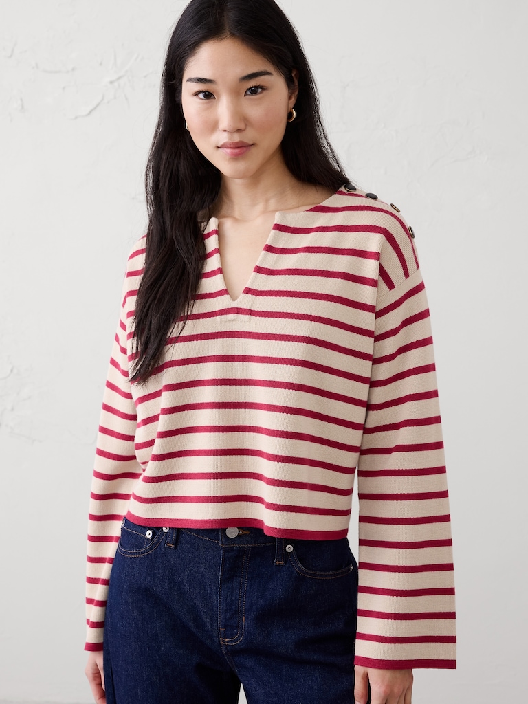Striped Button Notch-Neck Sweater