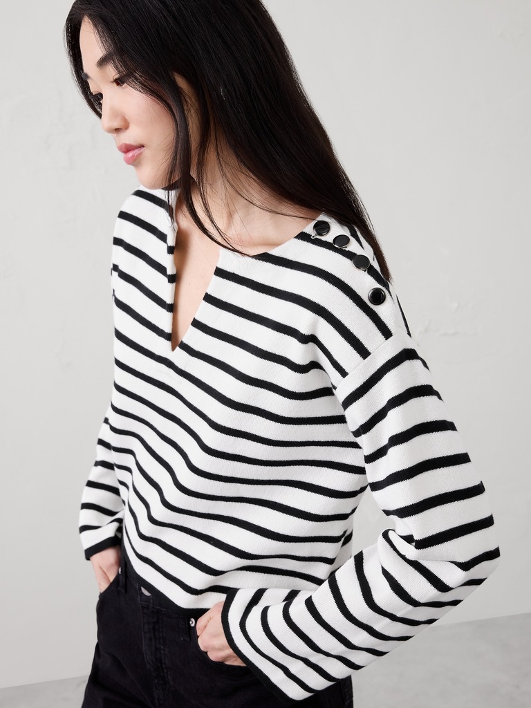 Striped Button Notch-Neck Sweater
