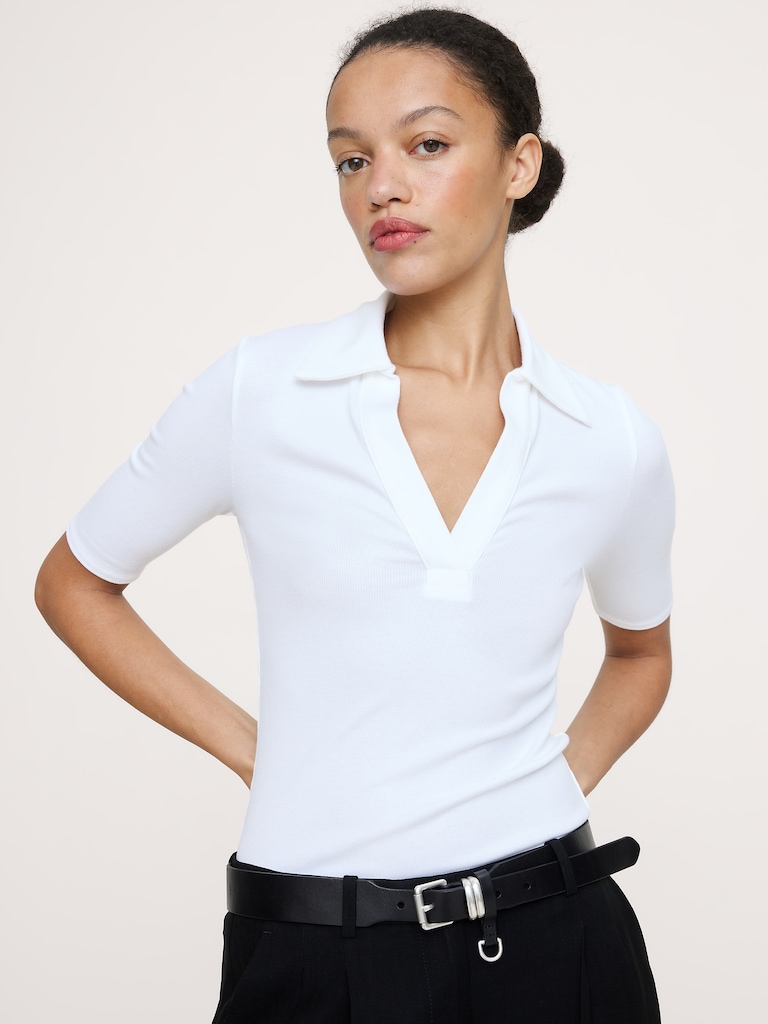 Ribbed Elbow-Sleeve Polo