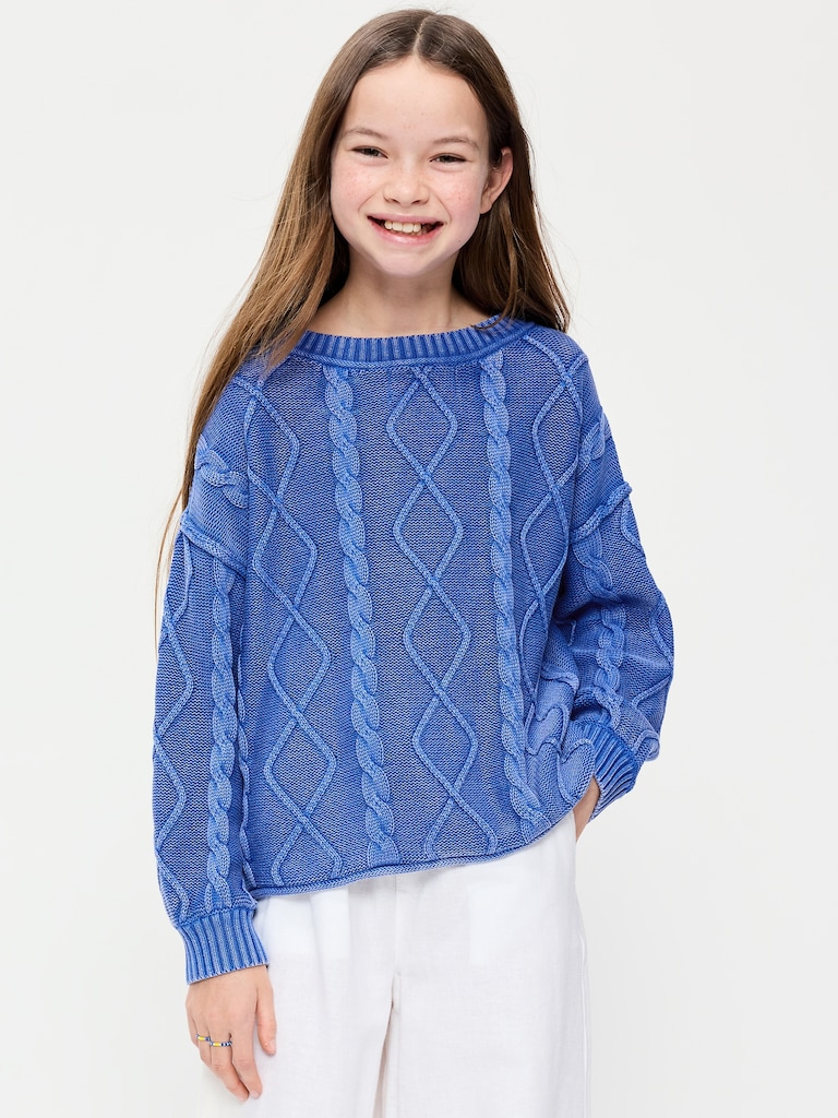 Oversized Long-Sleeve Cable-Knit Sweater for Girls