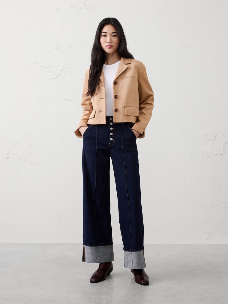 High-Rise Wide-Leg Pintuck Cuffed Jean