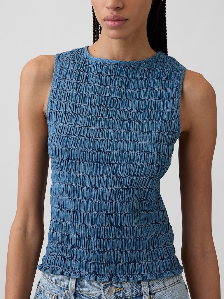 Smocked Sleeveless Boatneck Top
