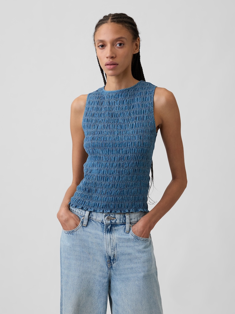 Smocked Sleeveless Boatneck Top