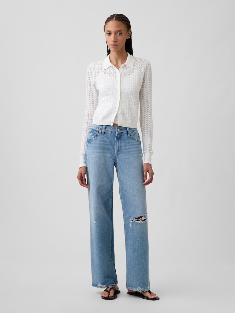 Lace-Stitch Collared Cardigan