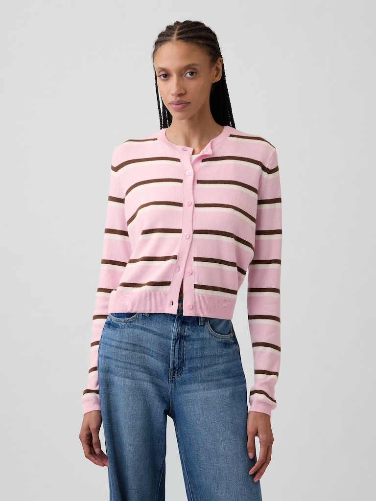 CashSoft Stripe Crewneck Cardigan