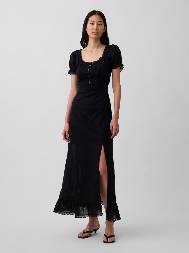 Embroidered Puff-Sleeve Maxi Dress
