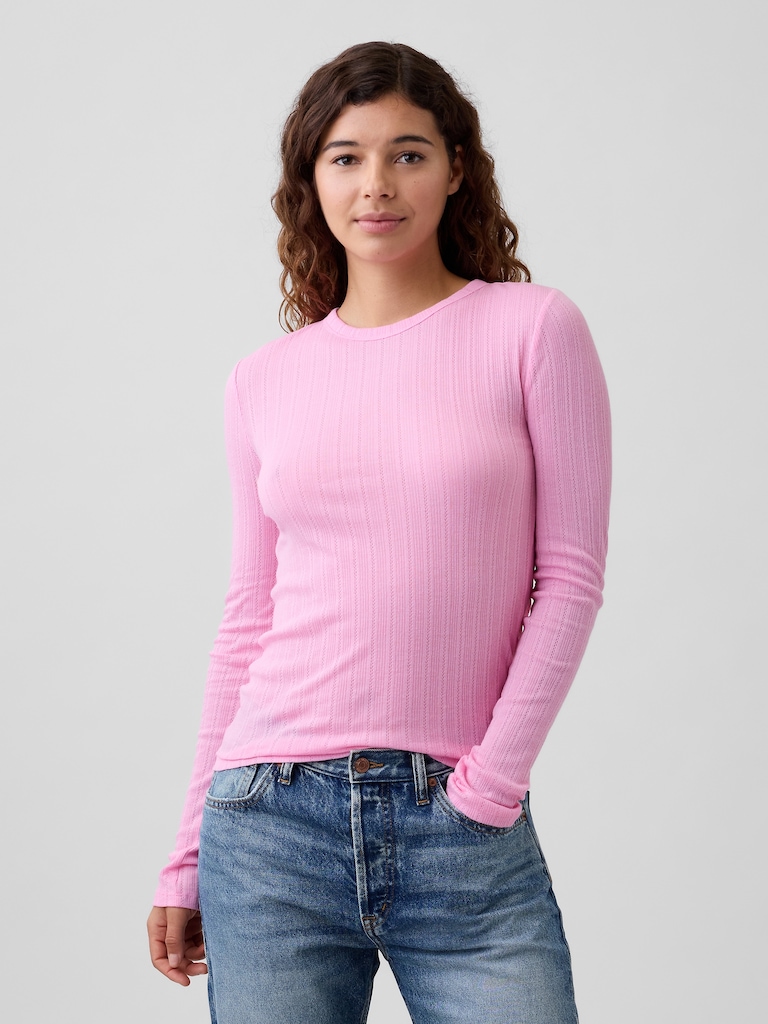 Ribbed Pointelle Crewneck T-Shirt
