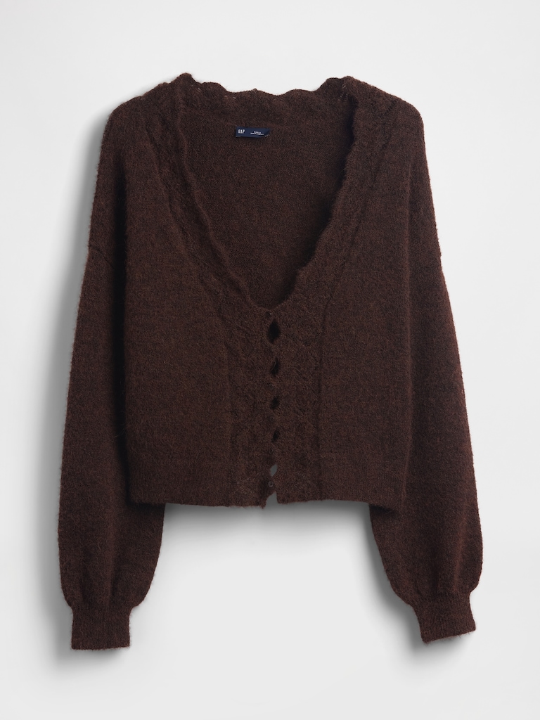 Fuzzy Pointelle Scalloped Crop Cardigan
