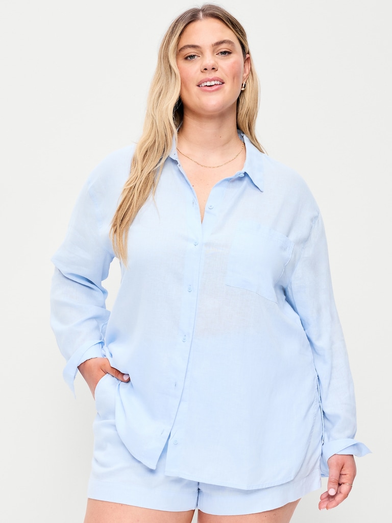Linen-Blend Loose Button-Down Shirt