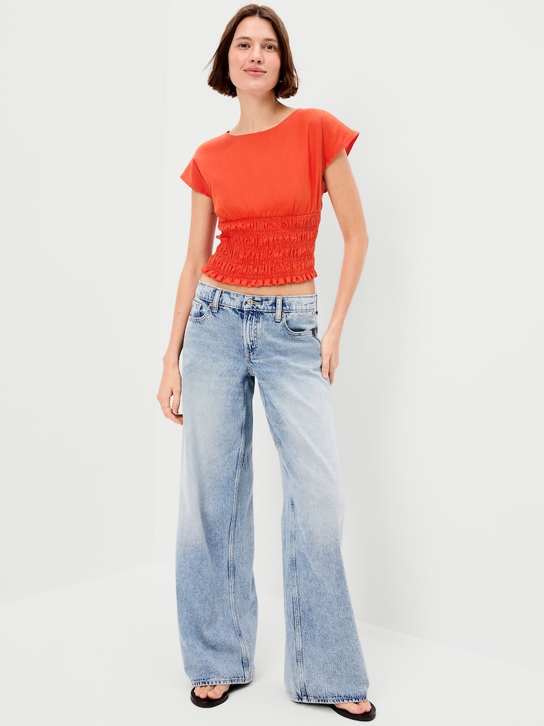 Linen-Blend Short-Sleeve Smocked Top