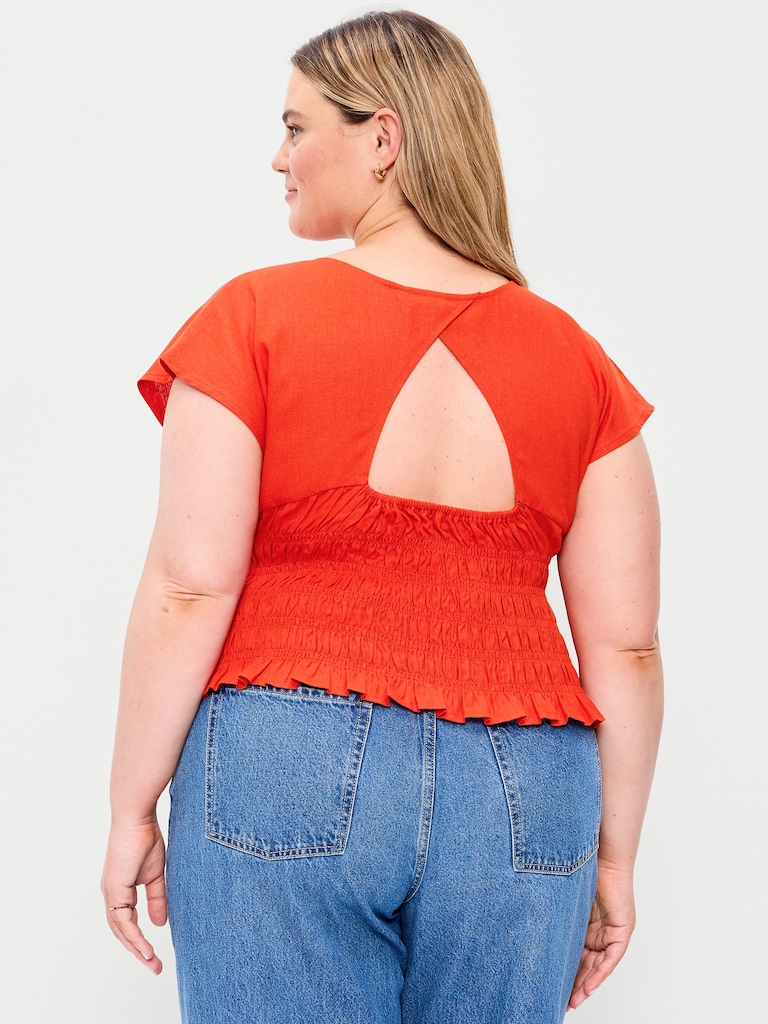 Linen-Blend Short-Sleeve Smocked Top