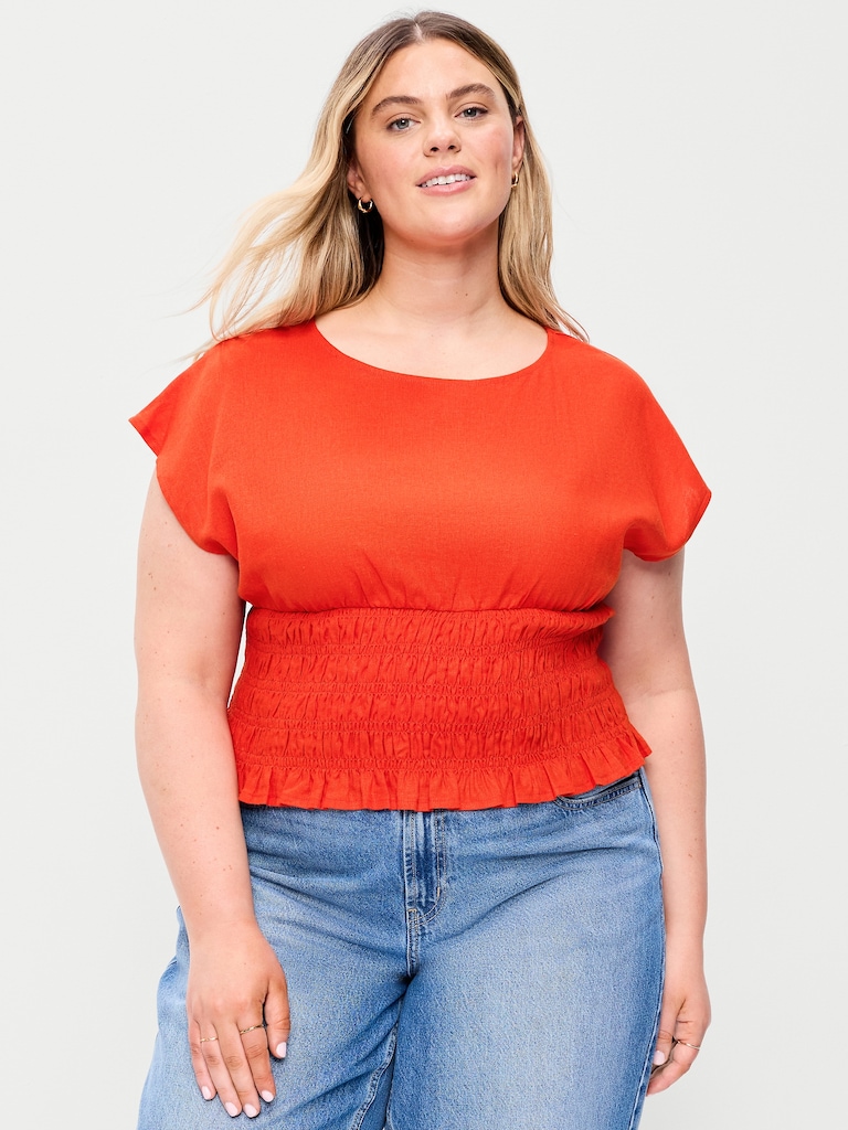 Linen-Blend Short-Sleeve Smocked Top