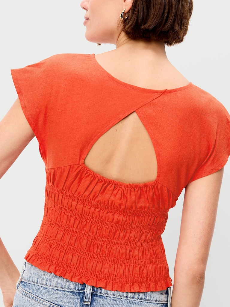 Linen-Blend Short-Sleeve Smocked Top