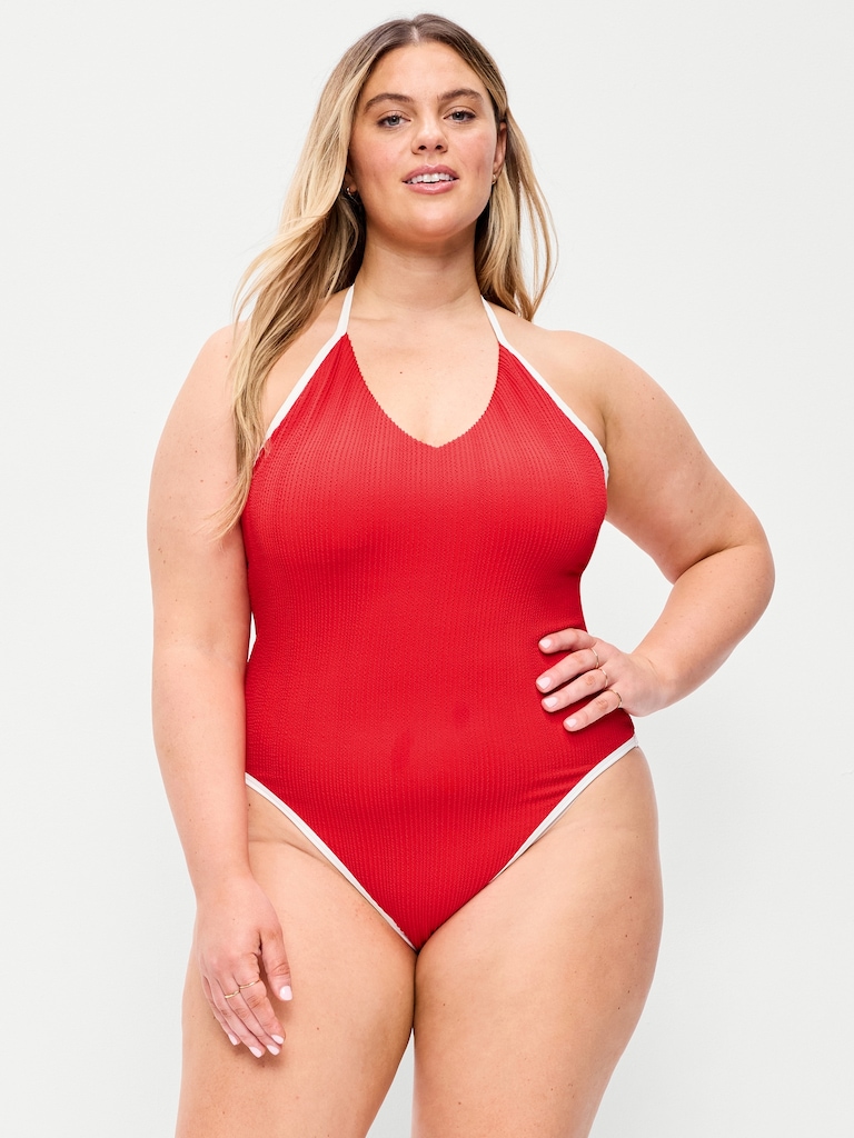 Ribbed V-Neck Halter One-Piece Swimsuit