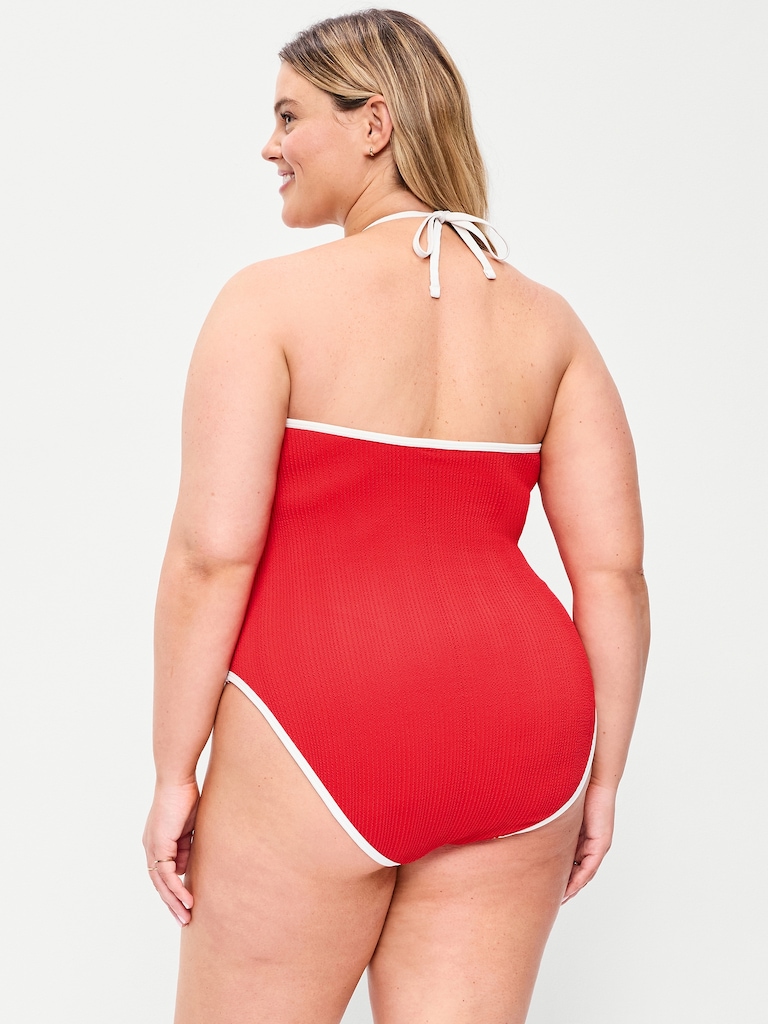 Ribbed V-Neck Halter One-Piece Swimsuit
