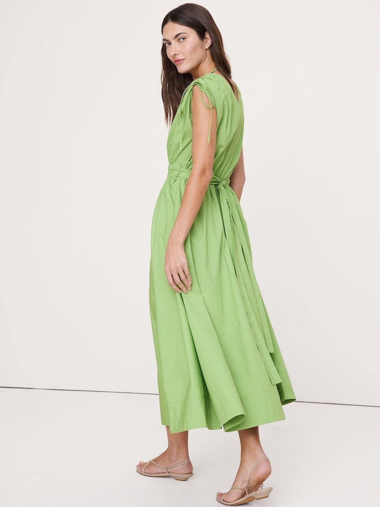 Poplin Ruched-Shoulder Maxi Dress