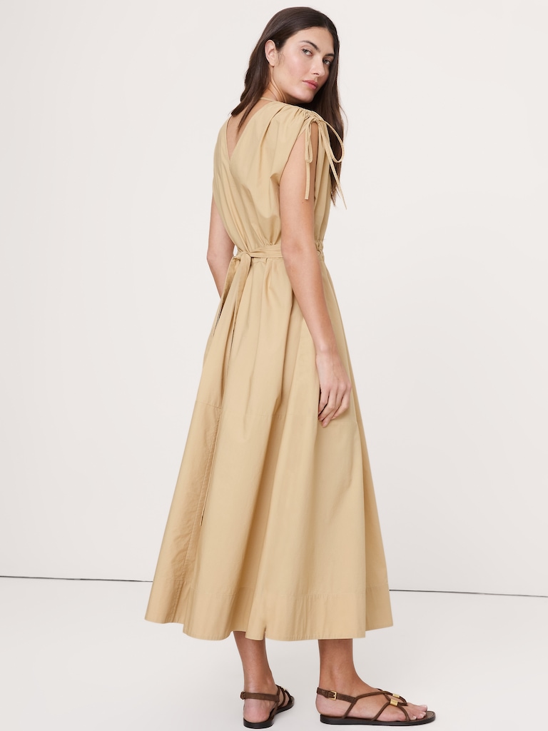 Poplin Ruched-Shoulder Maxi Dress