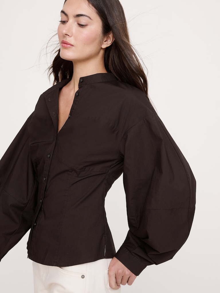 Cotton Poplin Balloon-Sleeve Shirt