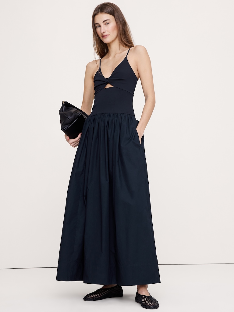 Jersey & Poplin Twist-Front Maxi Dress