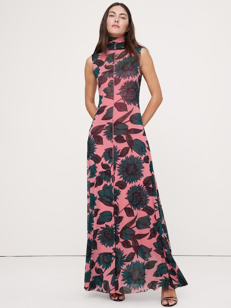 Turtleneck Mesh Maxi Dress